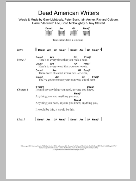 Tired Pony Dead American Writers Sheet Music Notes & Chords for Lyrics & Chords - Download or Print PDF