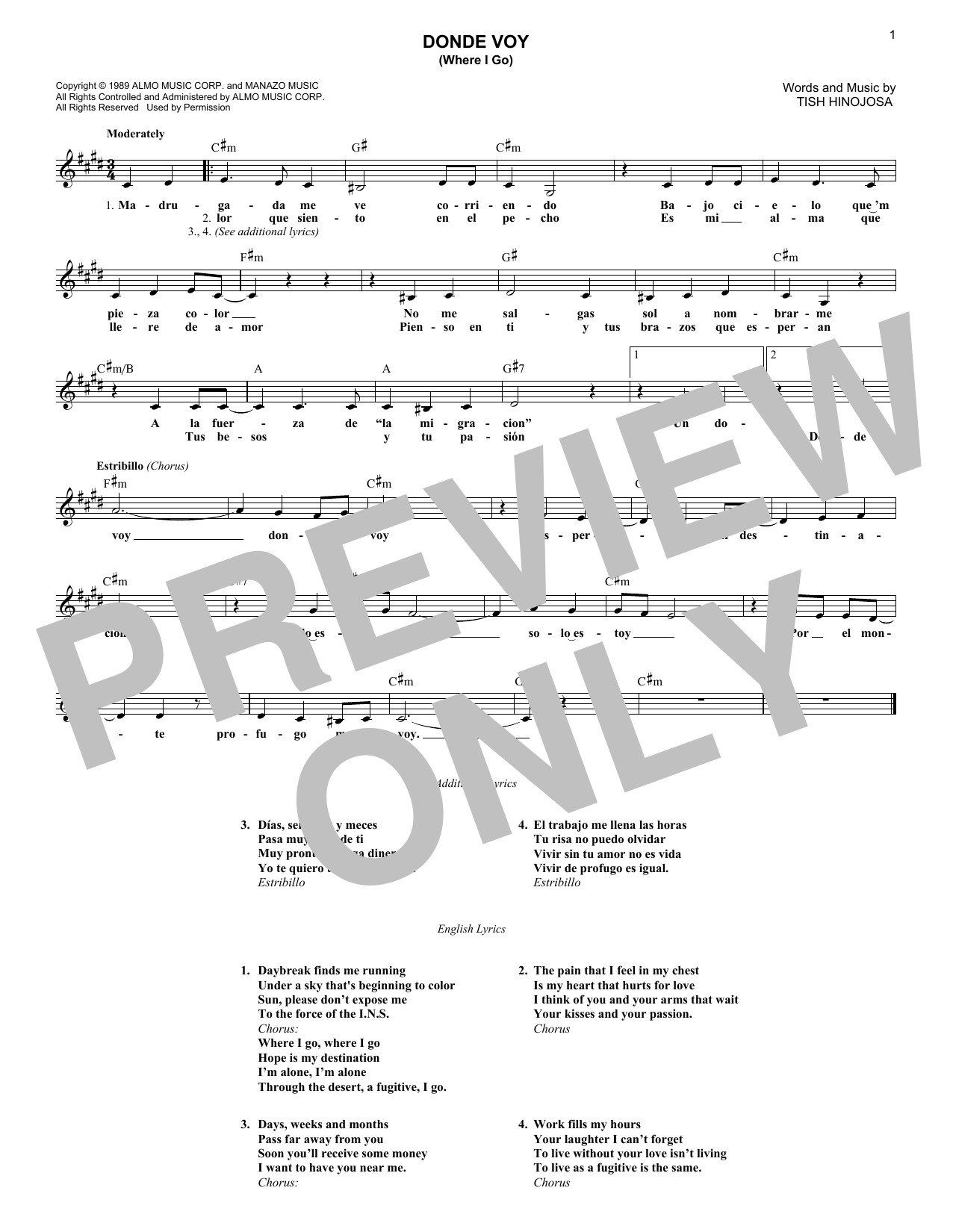 Tish Hinojosa Donde Voy (Where I Go) Sheet Music Notes & Chords for Melody Line, Lyrics & Chords - Download or Print PDF