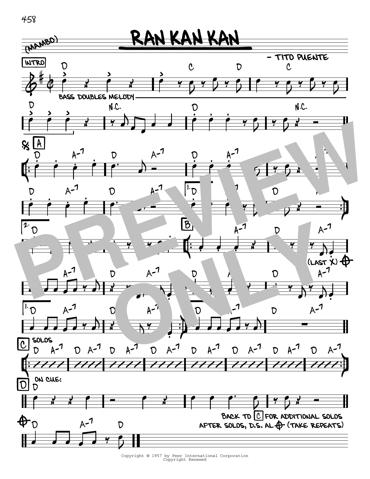 Tito Puente Ran Kan Kan Sheet Music Notes & Chords for Real Book - Melody & Chords - Bass Clef Instruments - Download or Print PDF