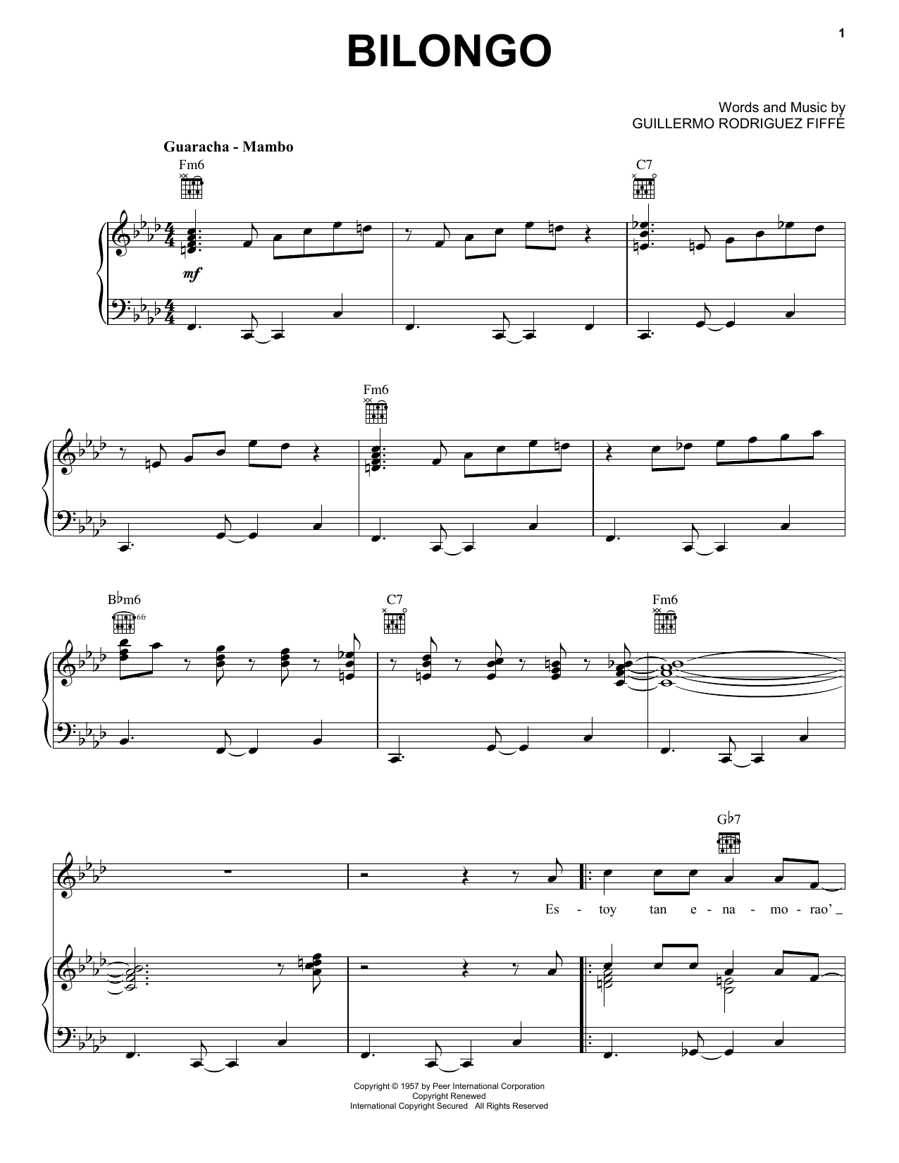 Tito Rodriguez Bilongo Sheet Music Notes & Chords for Piano, Vocal & Guitar Chords (Right-Hand Melody) - Download or Print PDF