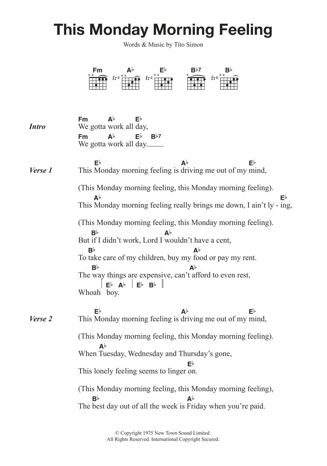 Tito Simon This Monday Morning Feeling Sheet Music Notes & Chords for Lyrics & Chords - Download or Print PDF