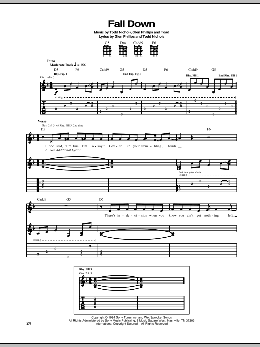 Toad The Wet Sprocket Fall Down Sheet Music Notes & Chords for Guitar Tab - Download or Print PDF