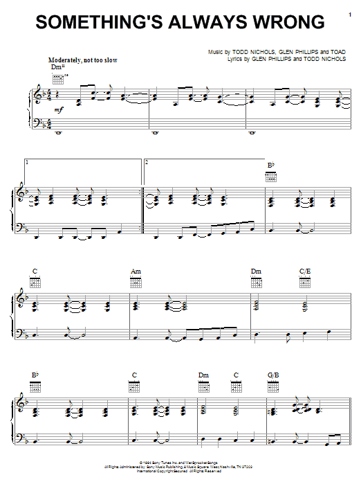 Toad The Wet Sprocket Something's Always Wrong Sheet Music Notes & Chords for Piano, Vocal & Guitar (Right-Hand Melody) - Download or Print PDF