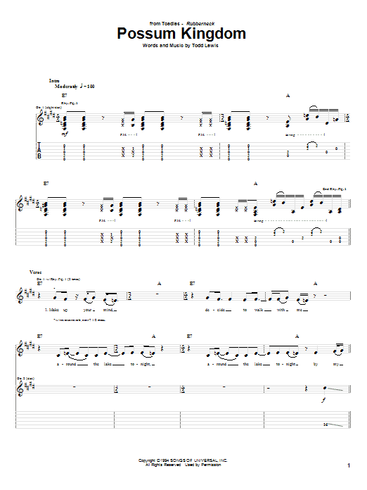 Toadies Possum Kingdom Sheet Music Notes & Chords for Guitar Tab - Download or Print PDF Toadies Possum Kingdom Sheet Music Notes & Chords for Guitar Tab - Download or Print PDF