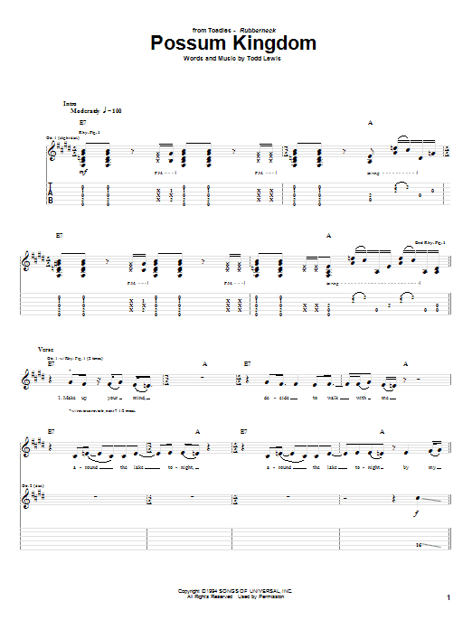 Toadies Possum Kingdom Sheet Music Notes & Chords for Guitar Tab - Download or Print PDF