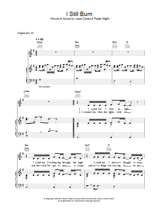 Tobias Regner I Still Burn Sheet Music Notes & Chords for Piano, Vocal & Guitar (Right-Hand Melody) - Download or Print PDF