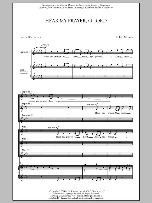 Tobin Stokes Hear My Prayer, Oh Lord Sheet Music Notes & Chords for SSA - Download or Print PDF