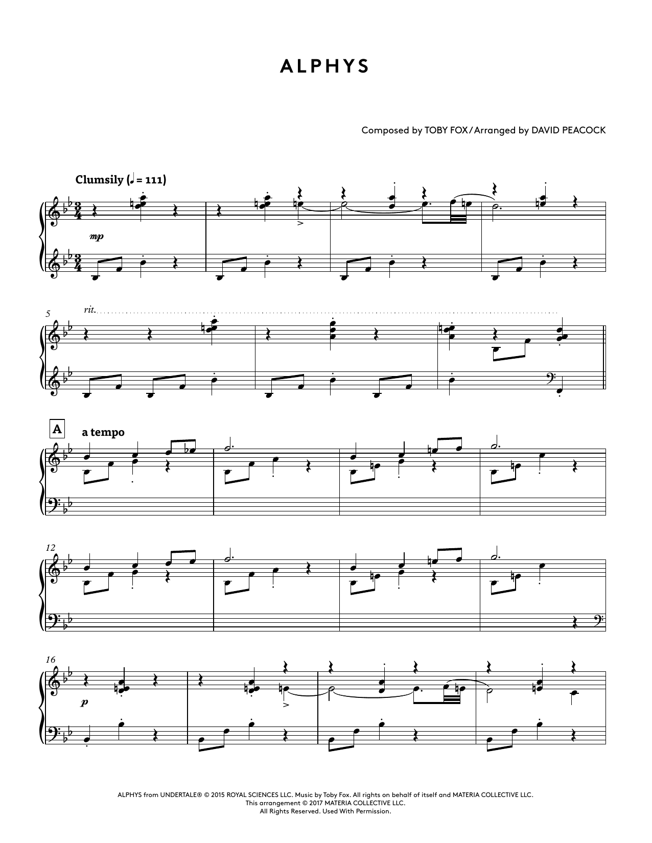 Toby Fox Alphys (from Undertale Piano Collections) (arr. David Peacock) Sheet Music Notes & Chords for Piano Solo - Download or Print PDF