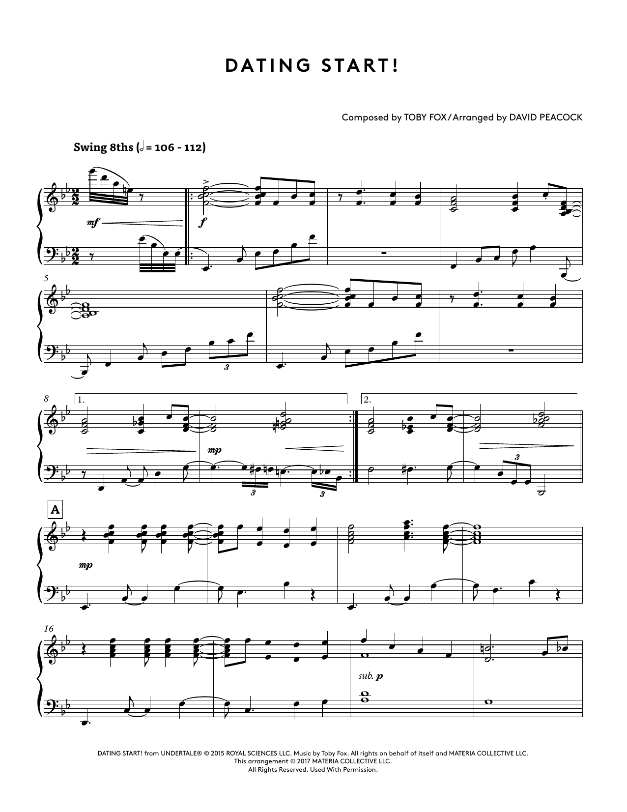 Toby Fox Dating Start! (from Undertale Piano Collections 2) (arr. David Peacock) Sheet Music Notes & Chords for Piano Solo - Download or Print PDF