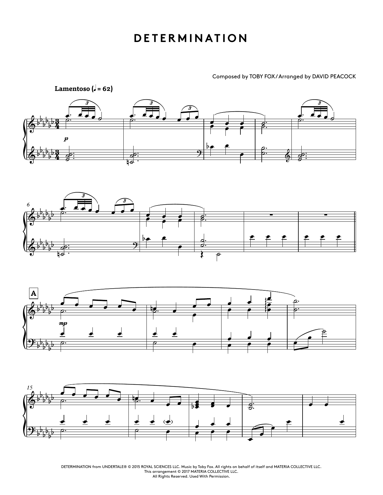 Toby Fox Determination (from Undertale Piano Collections) (arr. David Peacock) Sheet Music Notes & Chords for Piano Solo - Download or Print PDF