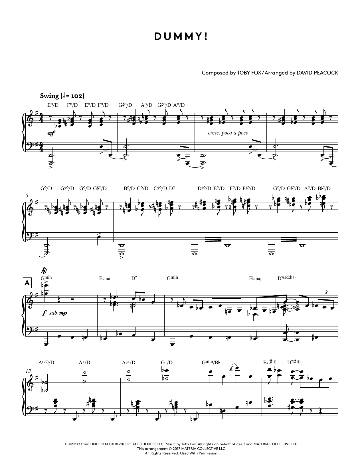 Toby Fox Dummy! (from Undertale Piano Collections) (arr. David Peacock) Sheet Music Notes & Chords for Piano Solo - Download or Print PDF