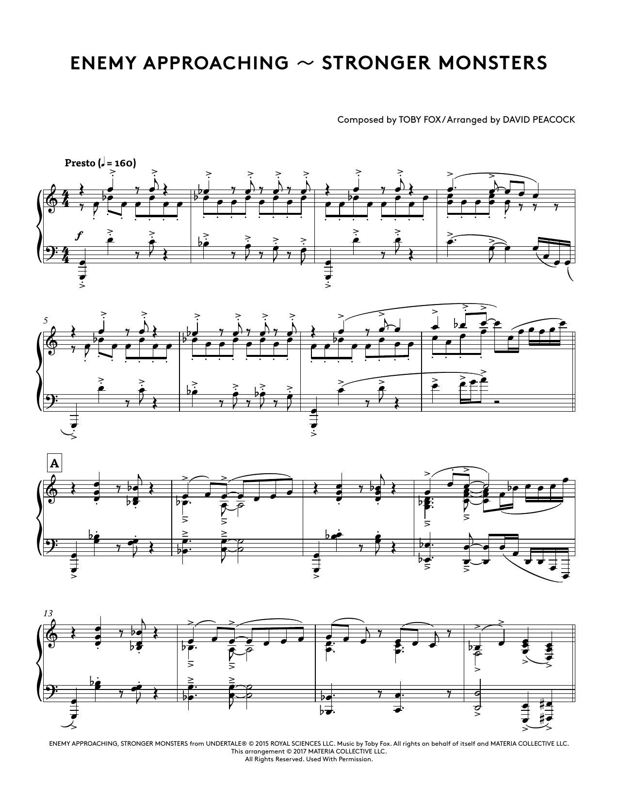 Toby Fox Enemy Approaching - Stronger Monsters (from Undertale Piano Collections 2) (arr. David Peacock) Sheet Music Notes & Chords for Piano Solo - Download or Print PDF