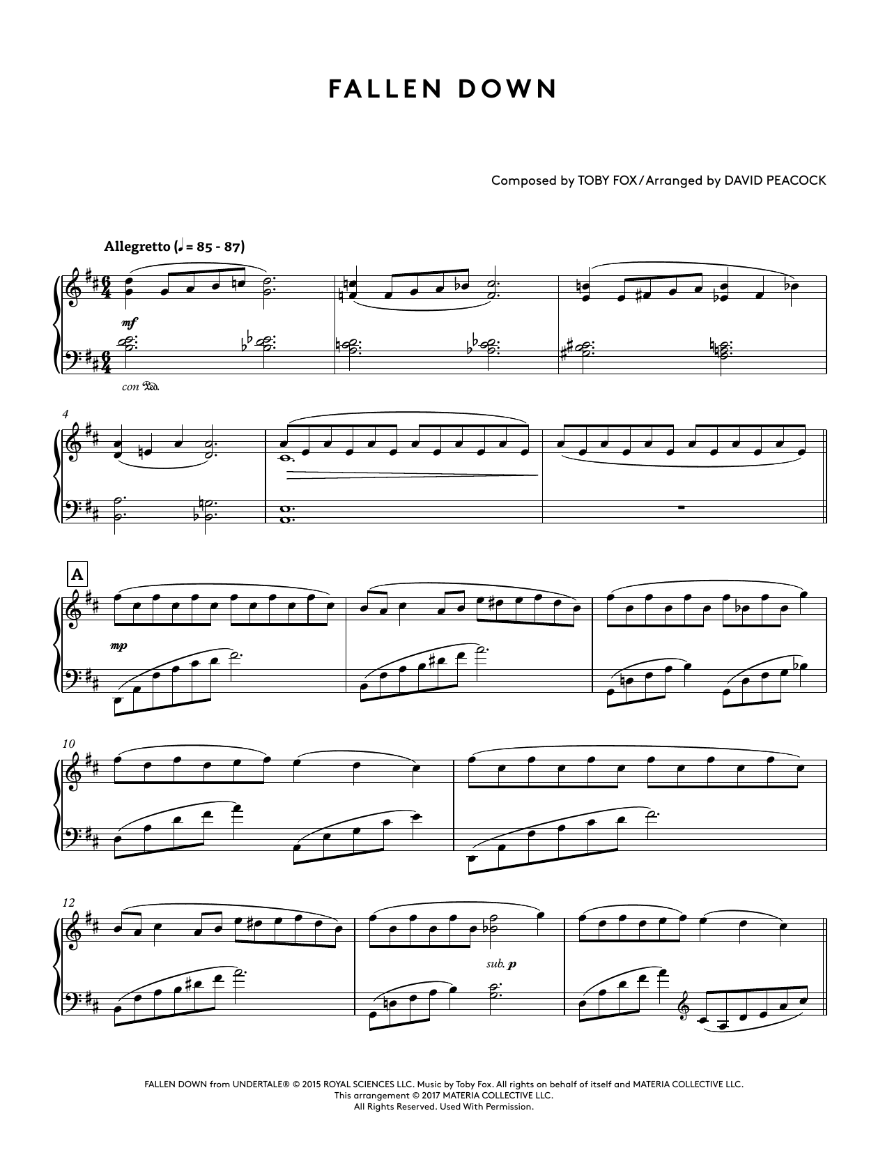 Toby Fox Fallen Down (from Undertale Piano Collections) (arr. David Peacock) Sheet Music Notes & Chords for Piano Solo - Download or Print PDF