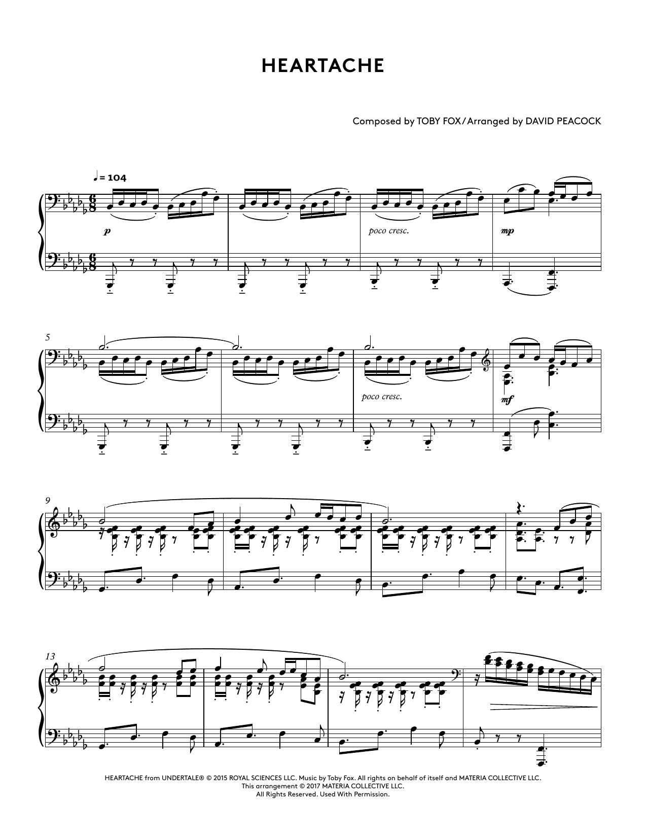 Toby Fox Heartache (from Undertale Piano Collections 2) (arr. David Peacock) Sheet Music Notes & Chords for Piano Solo - Download or Print PDF