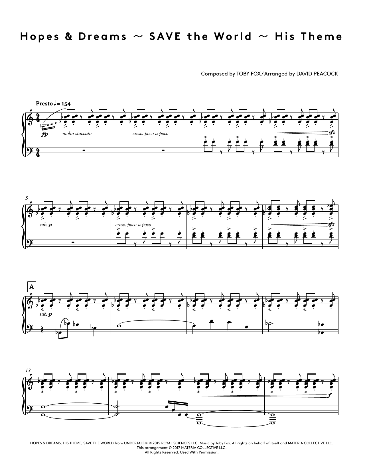 Toby Fox Hopes & Dreams - SAVE The World - His Theme (from Undertale Piano Collections) (arr. David Peacock) Sheet Music Notes & Chords for Piano Solo - Download or Print PDF
