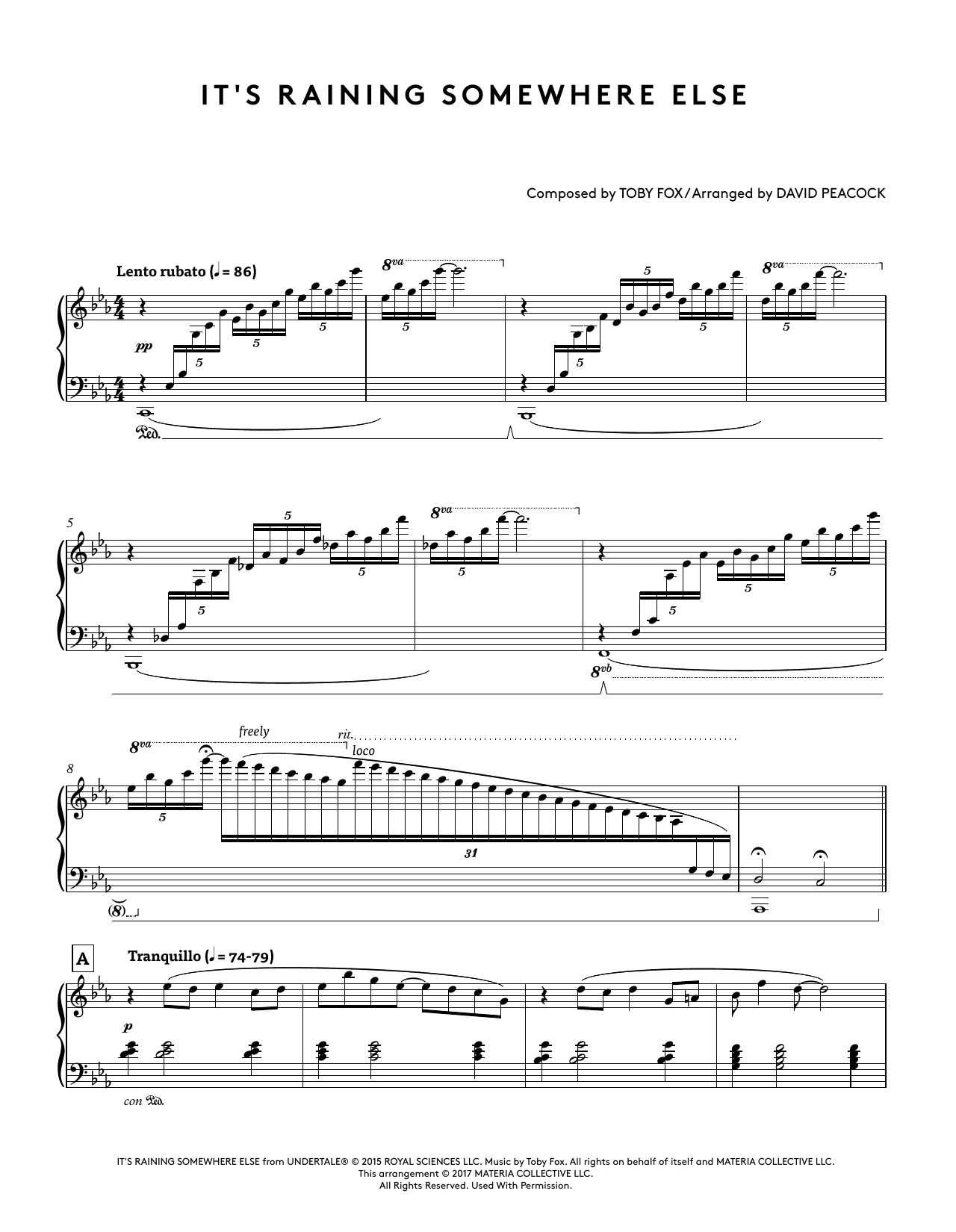 Toby Fox It's Raining Somewhere Else (from Undertale Piano Collections) (arr. David Peacock) Sheet Music Notes & Chords for Piano Solo - Download or Print PDF