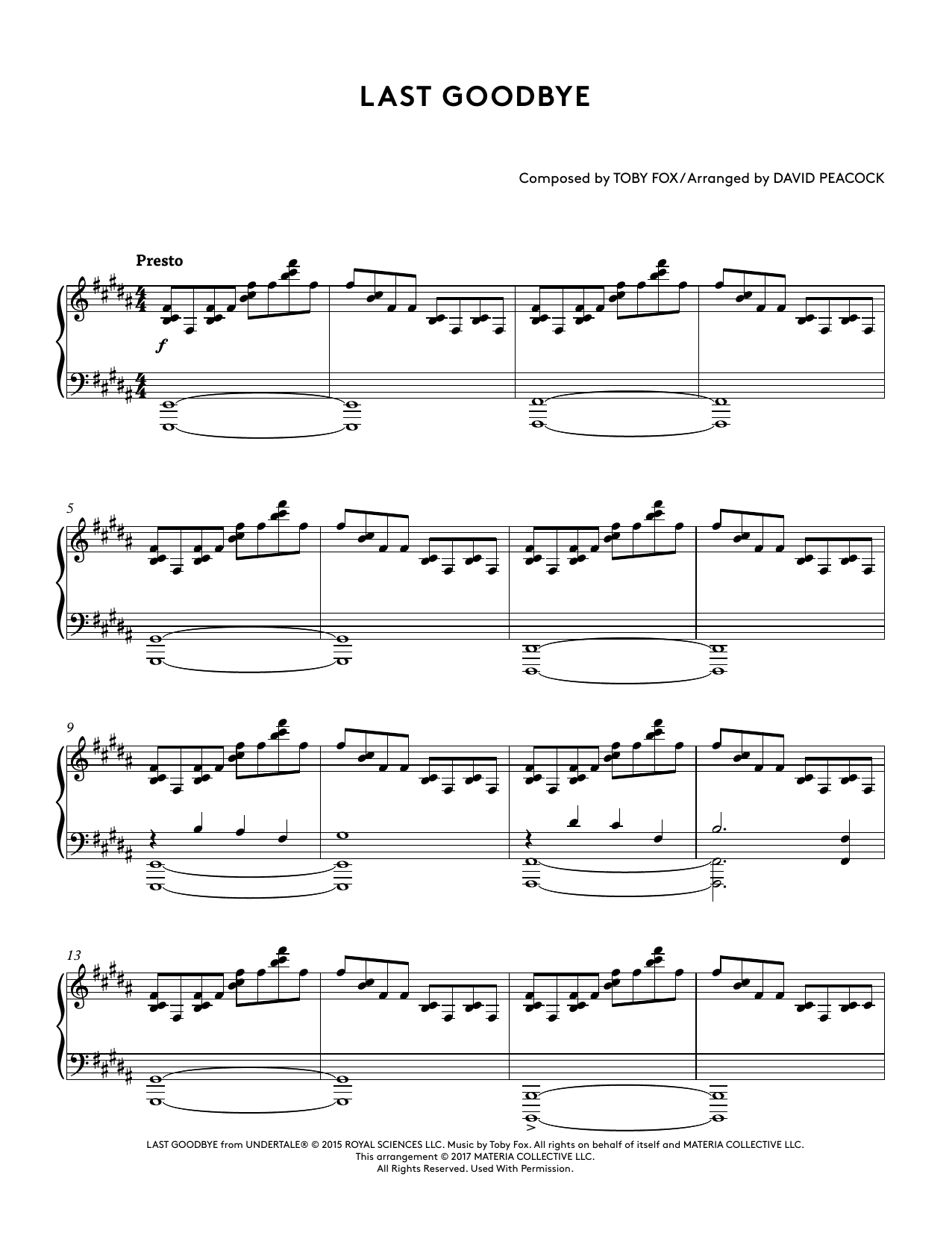 Toby Fox Last Goodbye (from Undertale Piano Collections 2) (arr. David Peacock) Sheet Music Notes & Chords for Piano Solo - Download or Print PDF