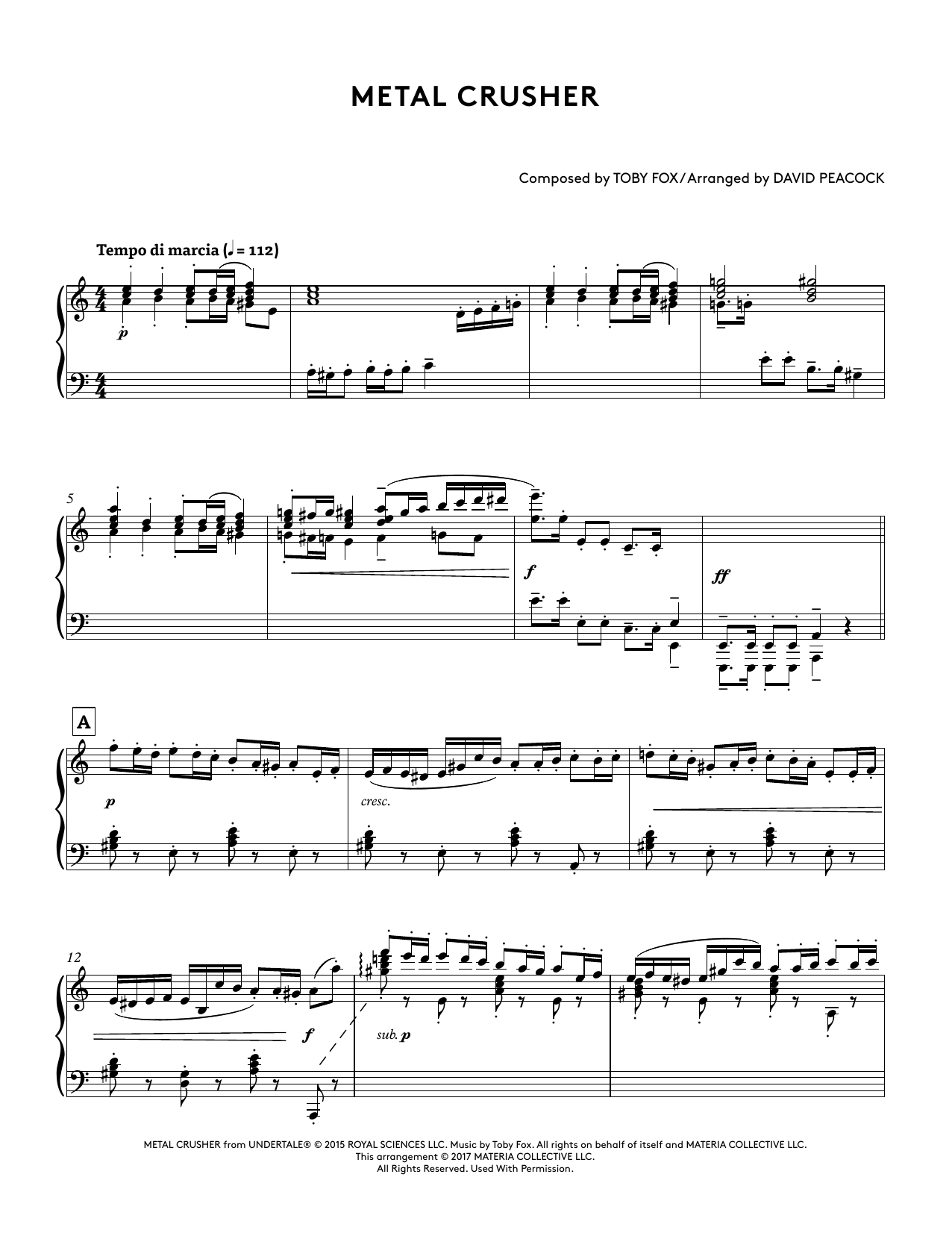 Toby Fox Metal Crusher (from Undertale Piano Collections 2) (arr. David Peacock) Sheet Music Notes & Chords for Piano Solo - Download or Print PDF