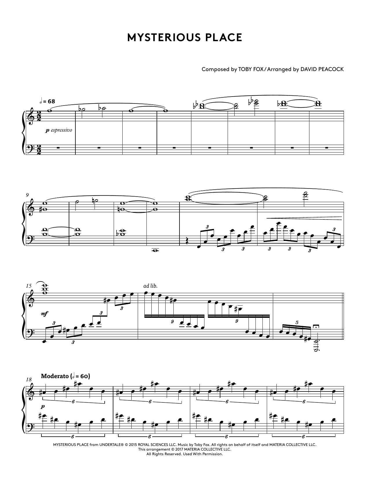 Toby Fox Mysterious Place (from Undertale Piano Collections 2) (arr. David Peacock) Sheet Music Notes & Chords for Piano Solo - Download or Print PDF