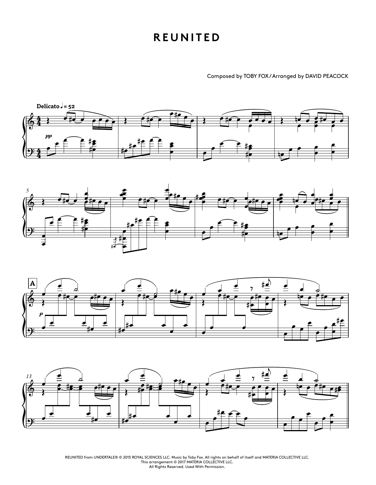 Toby Fox Reunited (from Undertale Piano Collections) (arr. David Peacock) Sheet Music Notes & Chords for Piano Solo - Download or Print PDF