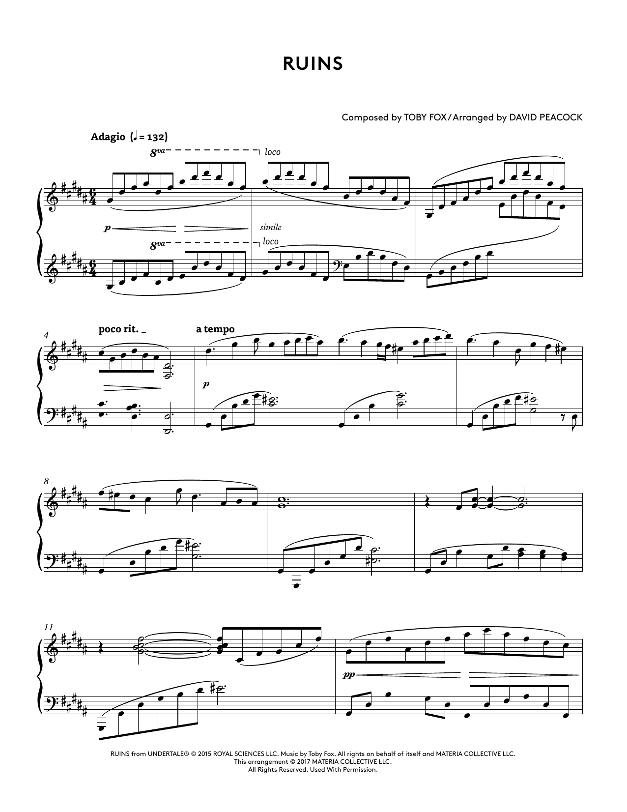 Toby Fox Ruins (from Undertale Piano Collections 2) (arr. David Peacock) Sheet Music Notes & Chords for Piano Solo - Download or Print PDF