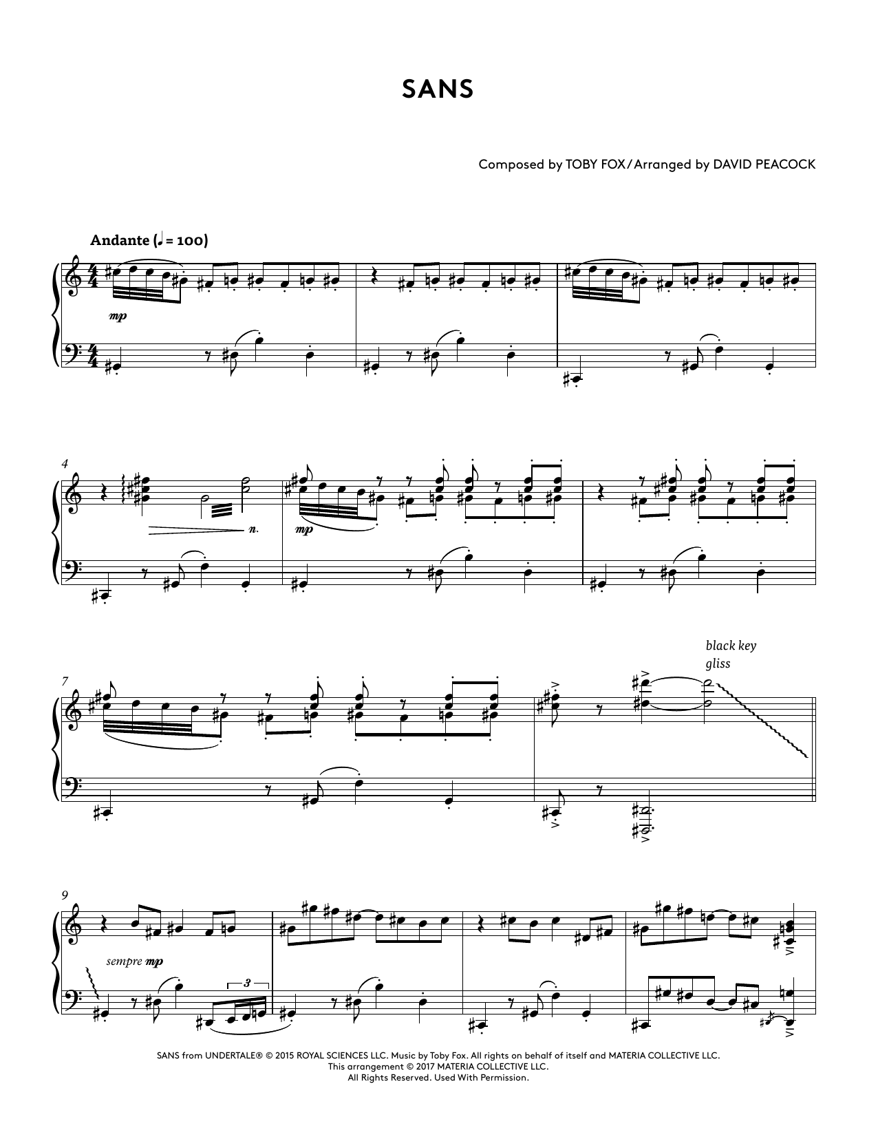 Toby Fox Sans (from Undertale Piano Collections 2) (arr. David Peacock) Sheet Music Notes & Chords for Piano Solo - Download or Print PDF