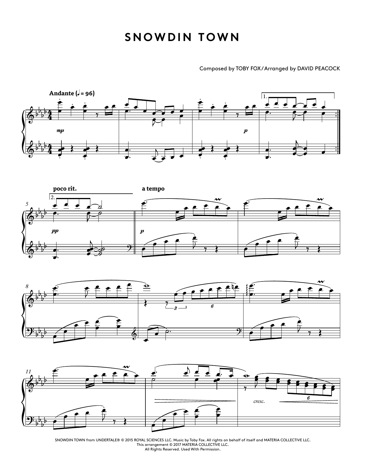Toby Fox Snowdin Town (from Undertale Piano Collections 2) (arr. David Peacock) Sheet Music Notes & Chords for Piano Solo - Download or Print PDF