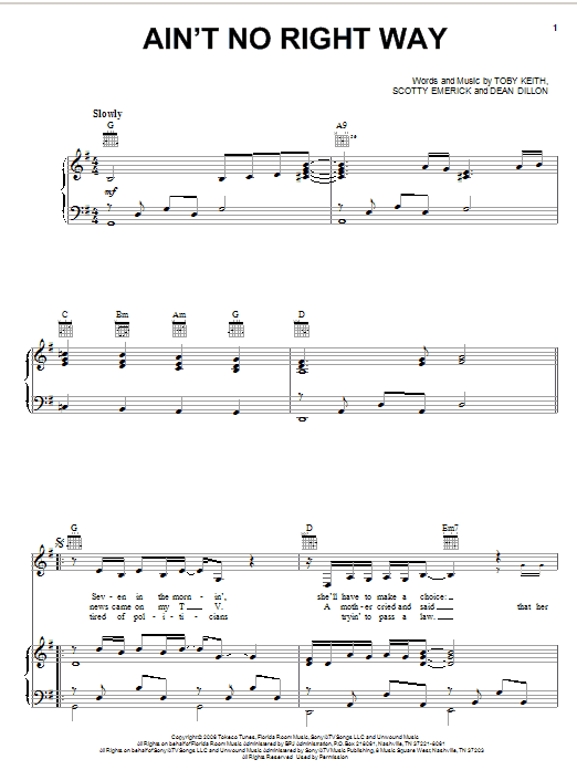 Toby Keith Ain't No Right Way Sheet Music Notes & Chords for Piano, Vocal & Guitar (Right-Hand Melody) - Download or Print PDF