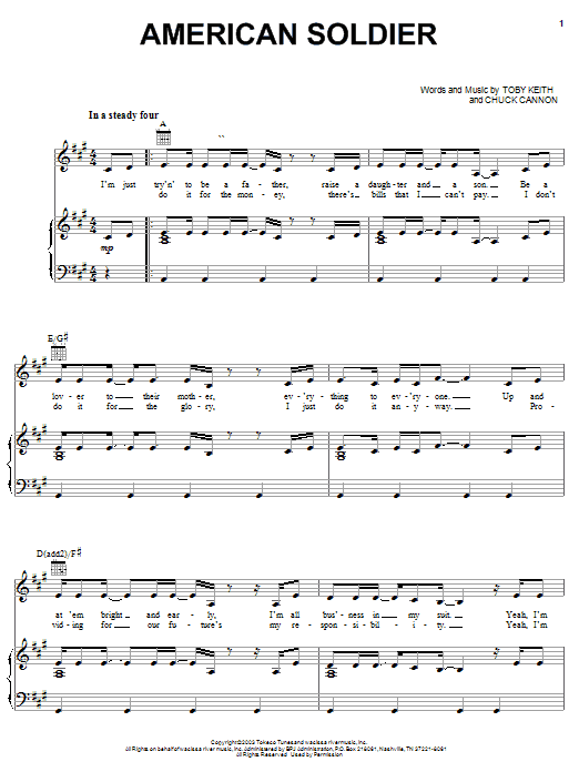 Toby Keith American Soldier Sheet Music Notes & Chords for Piano, Vocal & Guitar (Right-Hand Melody) - Download or Print PDF