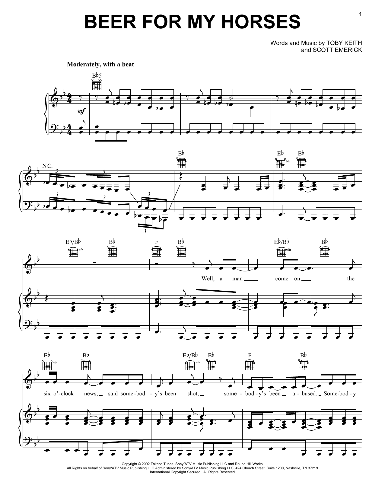 Toby Keith Beer For My Horses Sheet Music Notes & Chords for Piano, Vocal & Guitar (Right-Hand Melody) - Download or Print PDF