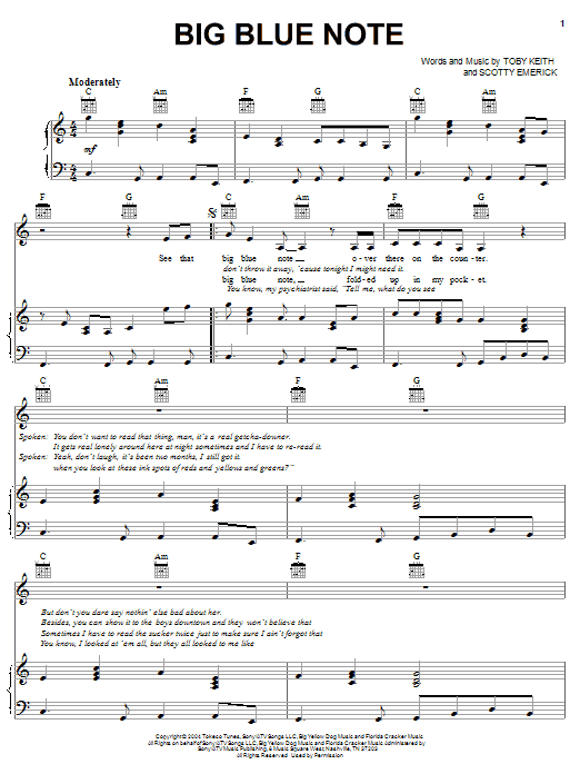 Toby Keith Big Blue Note Sheet Music Notes & Chords for Easy Guitar Tab - Download or Print PDF