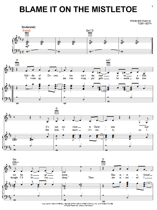 Toby Keith Blame It On The Mistletoe Sheet Music Notes & Chords for Piano, Vocal & Guitar (Right-Hand Melody) - Download or Print PDF