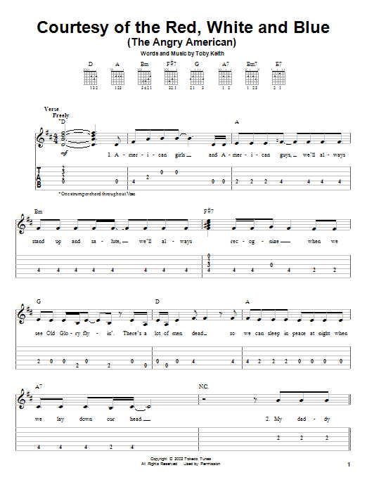 Toby Keith Courtesy Of The Red, White And Blue (The Angry American) Sheet Music Notes & Chords for Easy Guitar Tab - Download or Print PDF