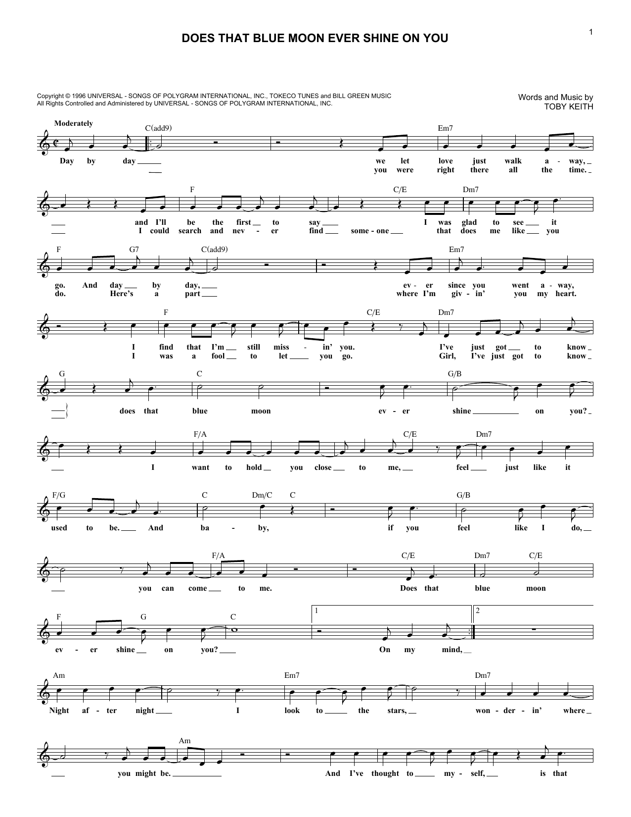 Toby Keith Does That Blue Moon Ever Shine On You Sheet Music Notes & Chords for Melody Line, Lyrics & Chords - Download or Print PDF