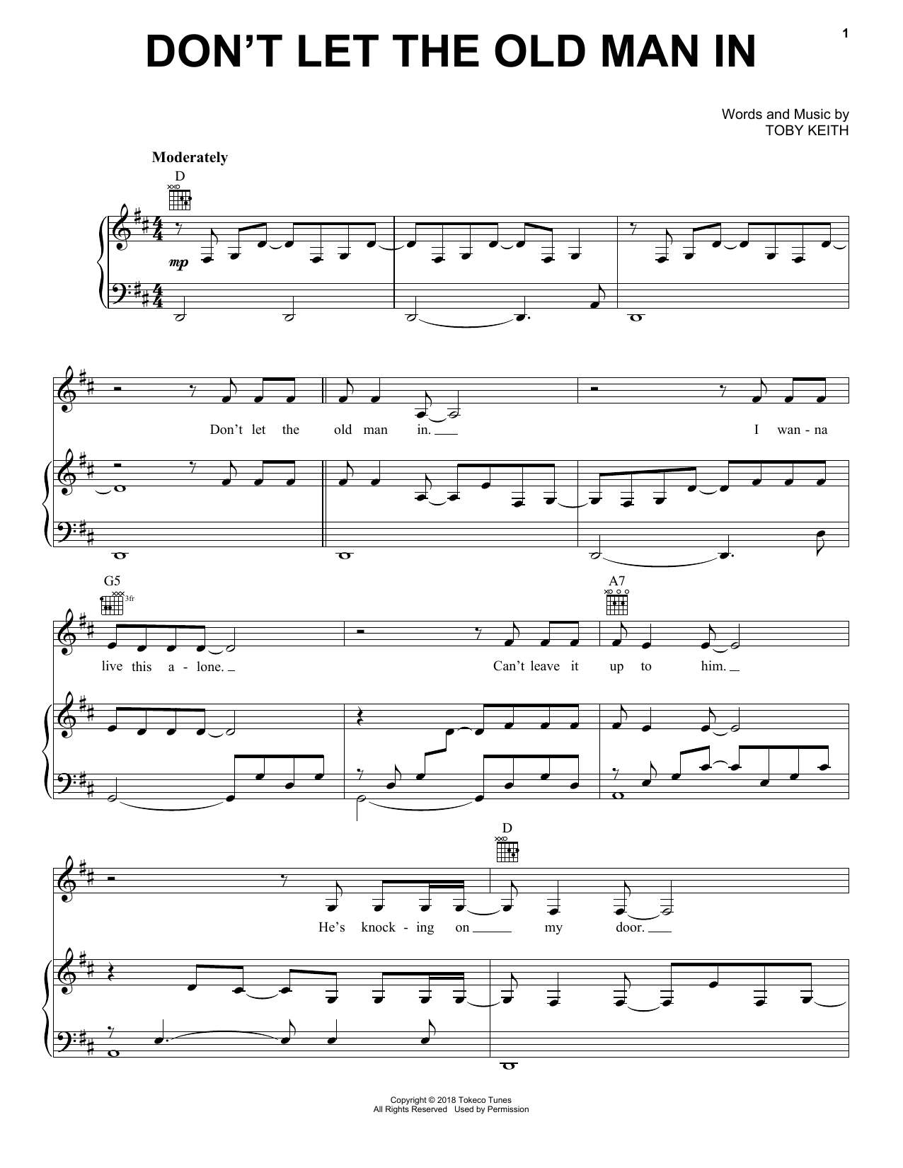 Toby Keith Don't Let The Old Man In Sheet Music Notes & Chords for Piano, Vocal & Guitar Chords (Right-Hand Melody) - Download or Print PDF