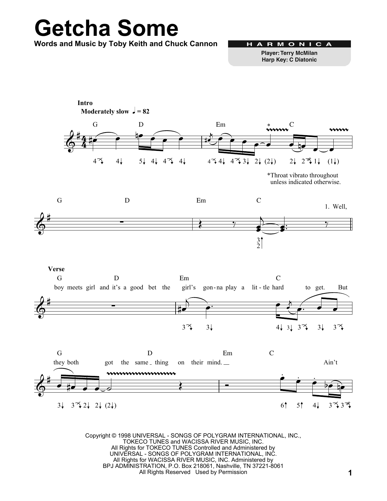 Toby Keith Getcha Some Sheet Music Notes & Chords for Harmonica - Download or Print PDF