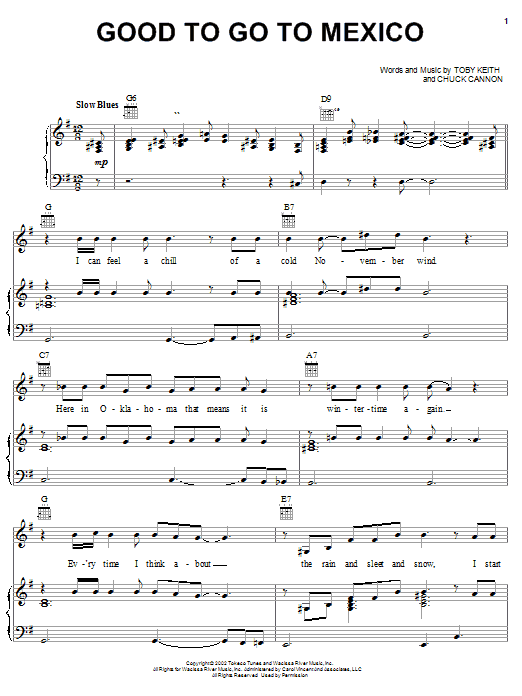 Toby Keith Good To Go To Mexico Sheet Music Notes & Chords for Piano, Vocal & Guitar (Right-Hand Melody) - Download or Print PDF