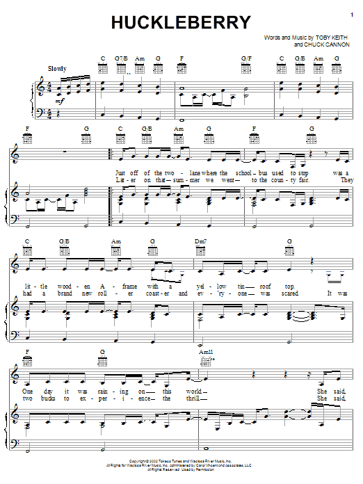 Toby Keith Huckleberry Sheet Music Notes & Chords for Piano, Vocal & Guitar (Right-Hand Melody) - Download or Print PDF