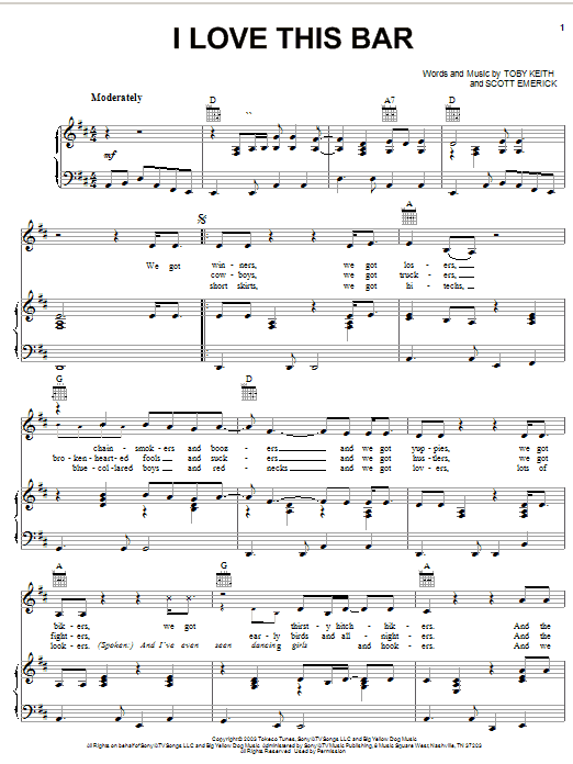 Toby Keith I Love This Bar Sheet Music Notes & Chords for Melody Line, Lyrics & Chords - Download or Print PDF