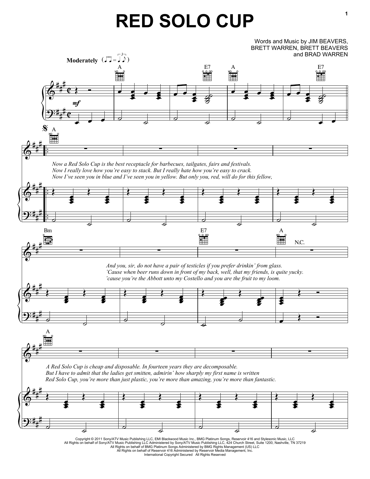 Toby Keith Red Solo Cup Sheet Music Notes & Chords for Piano, Vocal & Guitar (Right-Hand Melody) - Download or Print PDF