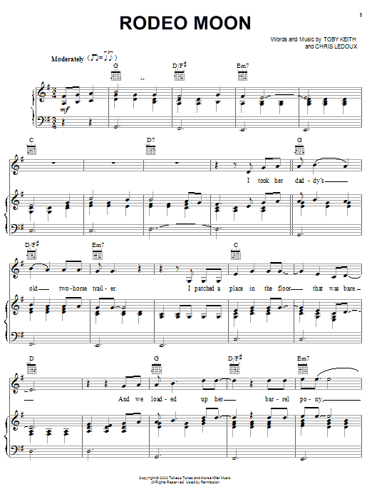 Toby Keith Rodeo Moon Sheet Music Notes & Chords for Piano, Vocal & Guitar (Right-Hand Melody) - Download or Print PDF