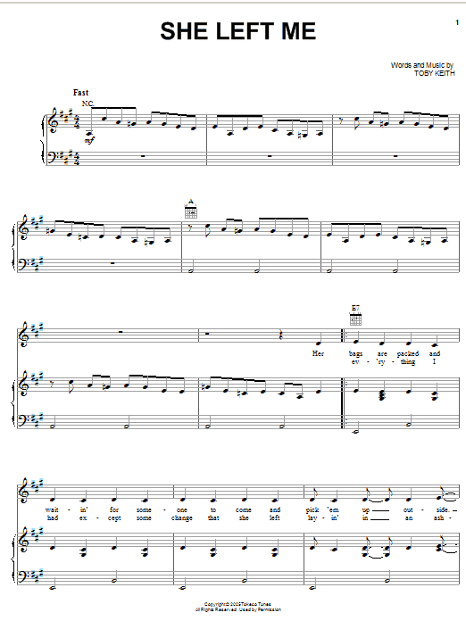 Toby Keith She Left Me Sheet Music Notes & Chords for Piano, Vocal & Guitar (Right-Hand Melody) - Download or Print PDF