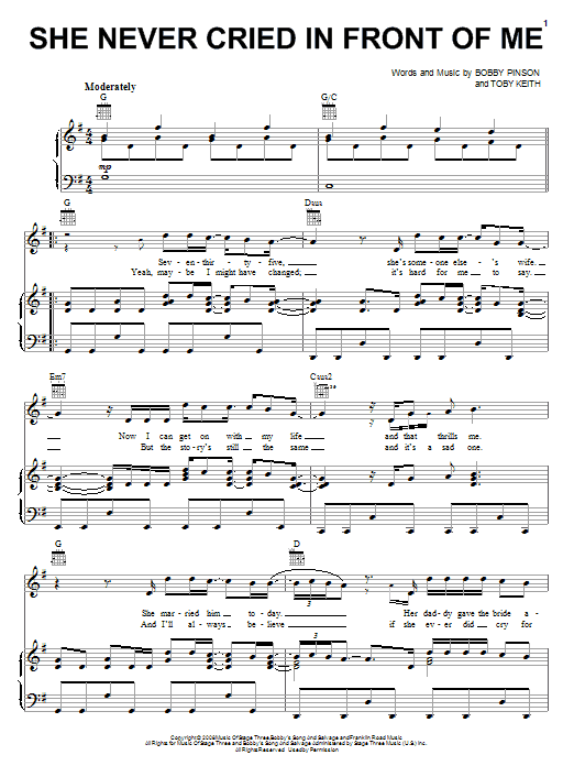 Toby Keith She Never Cried In Front Of Me Sheet Music Notes & Chords for Piano, Vocal & Guitar (Right-Hand Melody) - Download or Print PDF Toby Keith She Never Cried In Front Of Me Sheet Music Notes & Chords for Piano, Vocal & Guitar (Right-Hand Melody) - Download or Print PDF