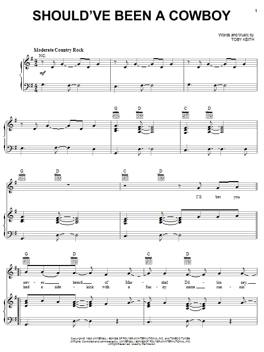 Toby Keith Should've Been A Cowboy Sheet Music Notes & Chords for Lyrics & Chords - Download or Print PDF