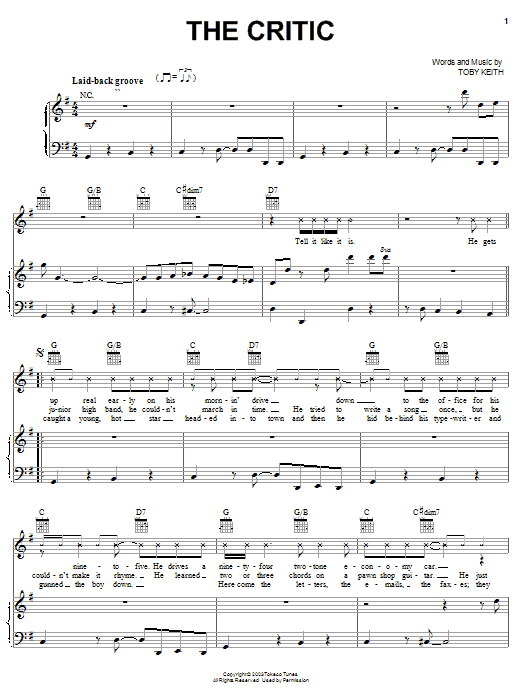 Toby Keith The Critic Sheet Music Notes & Chords for Piano, Vocal & Guitar (Right-Hand Melody) - Download or Print PDF