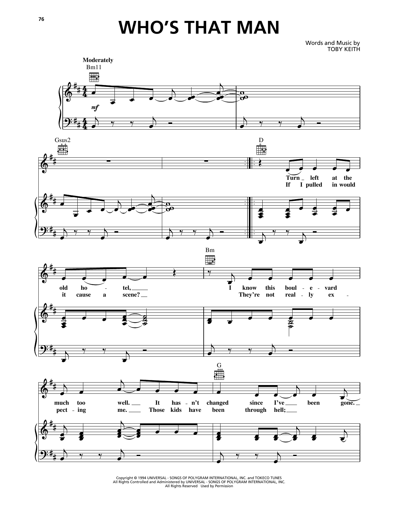 Toby Keith Who's That Man Sheet Music Notes & Chords for Piano, Vocal & Guitar (Right-Hand Melody) - Download or Print PDF