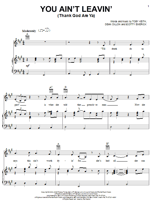 Toby Keith You Ain't Leavin' (Thank God Are Ya) Sheet Music Notes & Chords for Piano, Vocal & Guitar (Right-Hand Melody) - Download or Print PDF