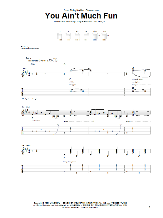 Toby Keith You Ain't Much Fun Sheet Music Notes & Chords for Guitar Tab - Download or Print PDF