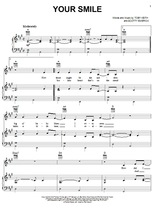 Toby Keith Your Smile Sheet Music Notes & Chords for Piano, Vocal & Guitar (Right-Hand Melody) - Download or Print PDF