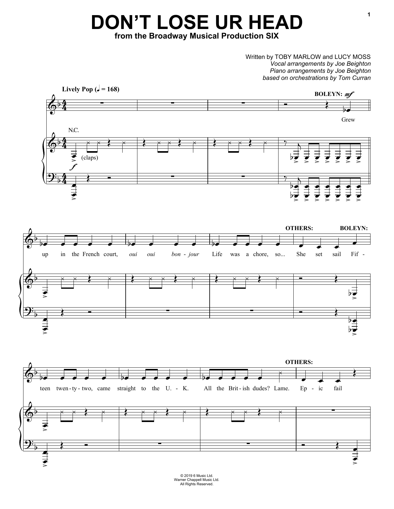 Toby Marlow & Lucy Moss Don't Lose Ur Head (from Six: The Musical) Sheet Music Notes & Chords for Easy Piano - Download or Print PDF